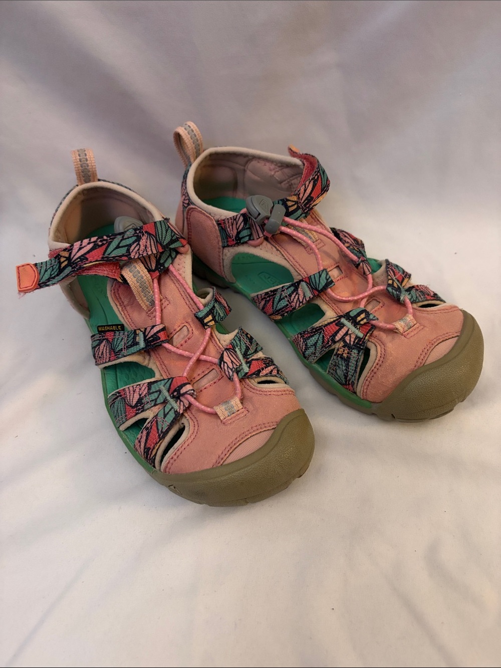 Keen Pink Patterned Girls' Outdoor Sandals with Green Insole